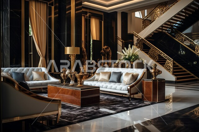 غرفة جلوس بتصميم حديث لمنزل عربي خليجي سعودي فاخر، تحف و أكسسوارات عصرية مع زهور الزينة الداخلية ديكورات داخلية مميزة، أثاث كلاسيكي أنيق مع الخشب المحفر