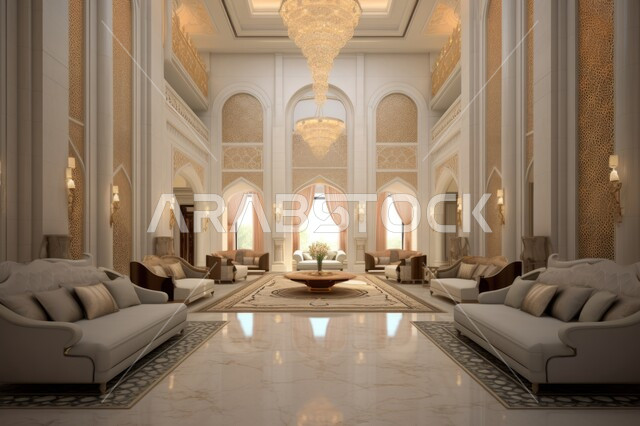 تحف و أكسسوارات عصرية مع زهور الزينة الداخلية، استخدام الثريا للانارة، ديكورات داخلية مميزة، صالة استقبال بتصميم حديث لمنزل عربي خليجي سعودي فاخر، أثاث كلاسيكي أنيق و نوافذ واسعة