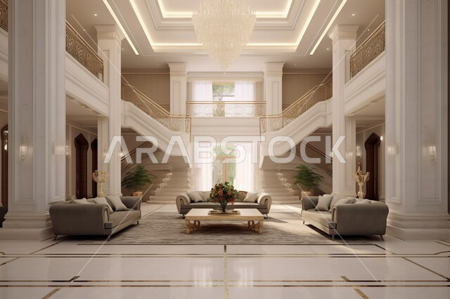 صالة استقبال بتصميم حديث لمنزل عربي خليجي سعودي فاخر مكون من طابقين، أثاث كلاسيكي أنيق و نوافذ واسعة، تحف و أكسسوارات عصرية، ديكورات داخلية مميزة