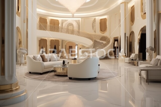 أثاث كلاسيكي أنيق، غرفة معيشة بتصميم حديث لمنزل عربي خليجي سعودي فاخر مكون من طابقين، تحف و أكسسوارات عصرية، ديكورات داخلية مميزة