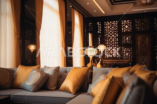 أثاث كلاسيكي من الجلد و الخشب المحفر، غرفة معيشة بتصميم حديث لمنزل عربي خليجي سعودي فاخر، تحف و أكسسوارات عصرية مع نبات الزينة الداخلية، ديكورات داخلية مميزة