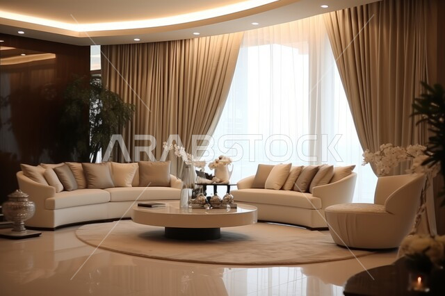 ديكورات داخلية مميزة، تحف وأكسسوارات عصرية مع نبات الزينة المنزلية، غرفة معيشة بتصميم حديث ونوافذ كبيرة لمنزل عربي خليجي سعودي فاخر، أثاث كلاسيكي أنيق بألوان فاتحة