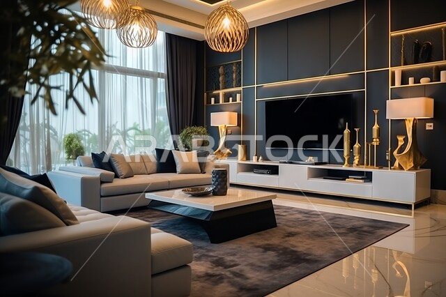 غرفة معيشة بتصميم حديث لمنزل عربي خليجي سعودي فاخر، أثاث كلاسيكي أنيق، تحف وأكسسوارات عصرية مع نبات الزينة المنزلية، ديكورات داخلية مميزة