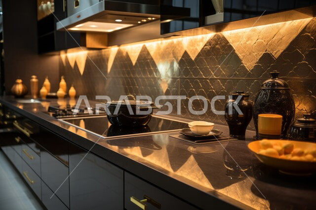 اواني منزليه فاخره ، مطابخ عصريه حديثه داخل المنازل والقصورالسعودية ، التصميم الداخلي الحديث والمميز، صورة مقربة لادوات مطبخيه مرتبه على رخام المطبخ