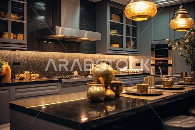 استخدام الفوانيس للانارة، اواني منزليه فاخره ، صورة مقربه لادوات مطبخيه مرتبه على رخام المطبخ، مطابخ عصريه حديثه داخل المنازل والقصور، ديكور داخلي مميز