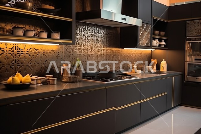Modern and distinctive interior design, luxurious household utensils, kitchen utensils arranged on kitchen marble, modern modern kitchens inside homes and palaces.