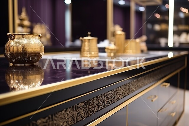 اواني منزليه فاخره ، صورة مقربه لادوات مطبخيه مرتبه على رخام المطبخ ، مطابخ عصريه حديثه في المنازل والقصور، ديكور داخلي مميز