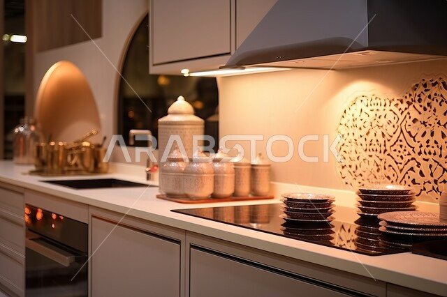 صورة مقربه لادوات مطبخيه مرتبه على رخام المطبخ ، اواني منزليه فاخره ، مطابخ عصريه حديثه في المنازل والقصور، ديكور داخلي مميز