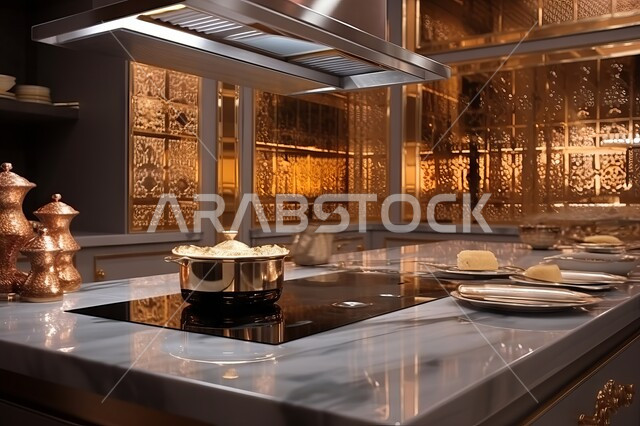 The use of modern lighting, a close-up picture of kitchen utensils arranged on kitchen marble, luxurious household utensils, modern modern kitchens in homes and palaces, distinctive interior decor.