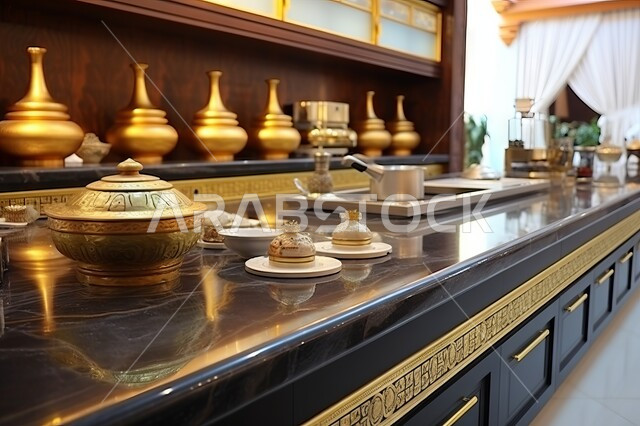 اواني منزليه فاخره ، صورة مقربه لادوات مطبخيه مرتبه على رخام المطبخ ، تصاميم حديثة للمطابخ الخشبية في المنازل والقصور، ديكور داخلي مميز باللون الاسود