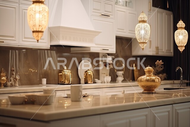 تحف و ديكورات عصرية باللون الذهبي، صورة مقربة لخزائن باللون الأبيض الأنيق، تصاميم حديثة للمطابخ الخشبية في المنازل والقصور العربية الخليجية، استخدام فوانيس الزينة للإنارة