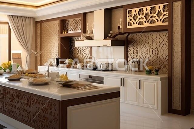 استخدام الألوان المريحة والأنيقة، مطابخ عصريه حديثه داخل المنازل والقصور، التصميم الداخلي الحديث والمميز، اواني منزليه فاخره ، ادوات مطبخيه مرتبه على رخام المطبخ