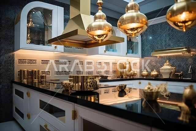 مطابخ عصرية بألوان راقية, استخدام المصابيح للانارة, صورة مقربة لادوات مطبخية مرتبة على رخام المطبخ, ديكور داخلي مميز ومريح