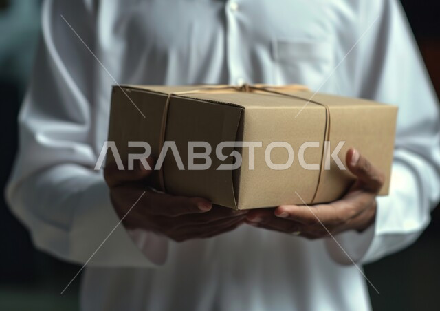خدمات الشحن والتوصيل الالكتروني، صورة مقربة ليد رجل عربي سعودي خليجي يرتدي الثوب التقليدي يحمل صندوق مغلف، التسوق وطلب المنتجات عبر الإنترنت، تقديم وإهداء الهدايا