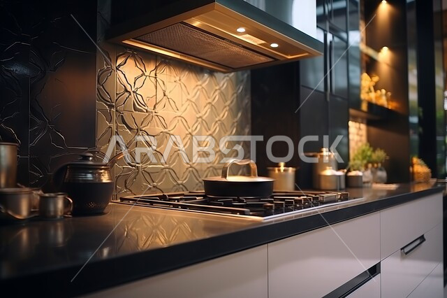 الاعتناء بأناقة المطبخ, اضاءات انيقة ومميزة, مطابخ عصرية حديثة في المنازل والقصور, اواني منزلية فاخرة, خزائن باللون الابيض والاسود, ديكور داخلي مميز ومريح
