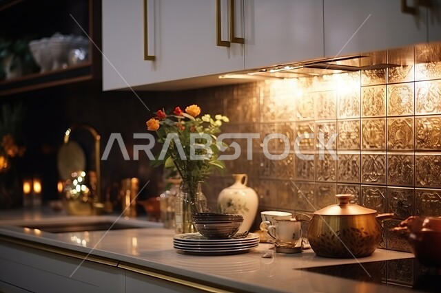 Modern antiques and decorations with ornamental home plants, a close-up photo of elegant white cabinets, modern designs for colorful kitchens in Gulf Arab homes and palaces, elegant and tidy utensils.