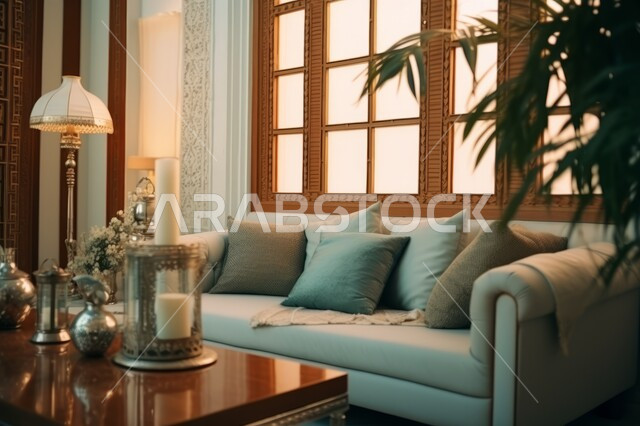 ديكورات داخلية حديثة ونافذة واسعة، صورة مقربة لطاولة عليها تحف و أكسسوارات عصرية، غرفة جلوس في شقة سكنية بتصاميم وألوان راقية، أثاث منزلي كلاسيكي مع نبات الزينة