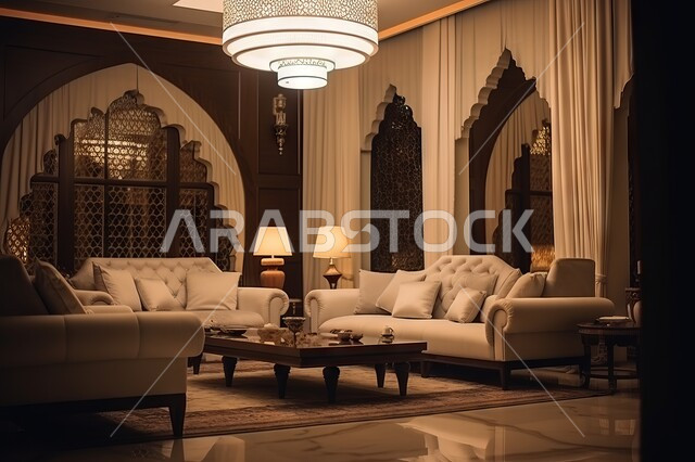 تحف وأكسسوارات عصرية مع نبات الزينة المنزلية، أثاث كلاسيكي أنيق بألوان فاتحة وطاولة خشبية،غرفة معيشة بتصميم حديث ونوافذ كبيرة لمنزل عربي خليجي سعودي فاخر،  ديكورات داخلية حديثة