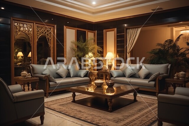 أثاث كلاسيكي من الجلد باللون الفضي و الخشب المحفر، غرفة معيشة بتصميم حديث لمنزل عربي خليجي سعودي فاخر، تحف وأكسسوارات عصرية مع نبات الزينة الداخلية، ديكورات داخلية مميزة