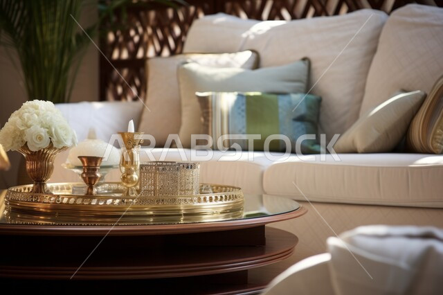 ديكورات داخلية حديثة، صورة مقربة لطاولة عليها تحف و أكسسوارات عصرية، غرفة جلوس في شقة سكنية بتصاميم وألوان راقية، أثاث منزلي كلاسيكي مع نبات الزينة