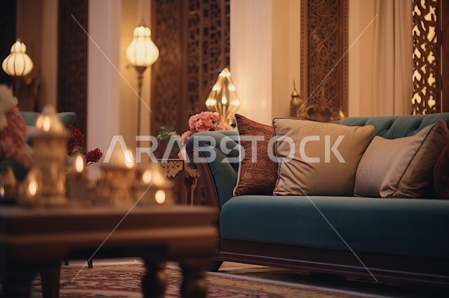 A living room with a modern design for a luxurious Saudi Arabian Gulf home, classic furniture made of leather and carved wood, modern antiques and accessories with an indoor ornamental plant and a decorative wooden table, distinctive interior decorations