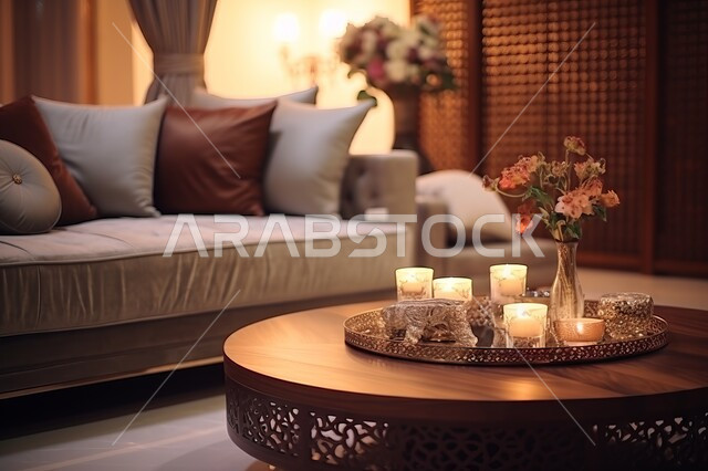 غرفة معيشة بتصميم حديث لمنزل عربي خليجي سعودي فاخر، أثاث كلاسيكي من الجلد والخشب المحفر، تحف وأكسسوارات عصرية مع نبات الزينة الداخلية والطاولة الخشبية المزخرفة، ديكورات داخلية مميزة