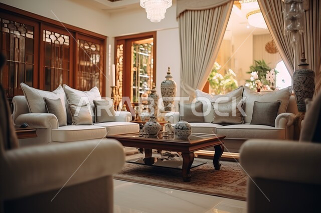 Modern antiques and accessories with home ornamental plants, elegant classic furniture in light colors and a wooden table, a living room with a modern design and large windows for a luxurious Saudi Arabian Gulf home, distinctive interior decorations