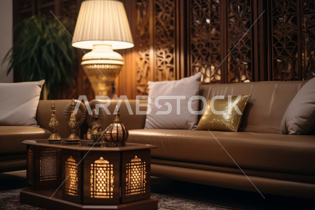 غرفة معيشة بتصميم حديث لمنزل عربي خليجي سعودي فاخر، أثاث كلاسيكي من الجلد والخشب المحفر، تحف وأكسسوارات عصرية مع نبات الزينة الداخلية والطاولة الخشبية المزخرفة، ديكورات داخلية مميزة