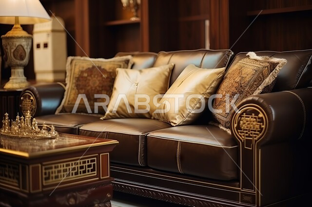 Modern classic designs for living rooms, a close-up picture of a sofa and leather armrests in luxurious brown and beige with an ornate wooden table with antiques and modern accessories for decoration.