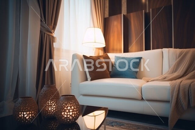 Modern interior decoration, living room in a residential apartment with luxurious designs, classic furniture, beige sofa and decorative wooden table, antiques and modern accessories for decoration