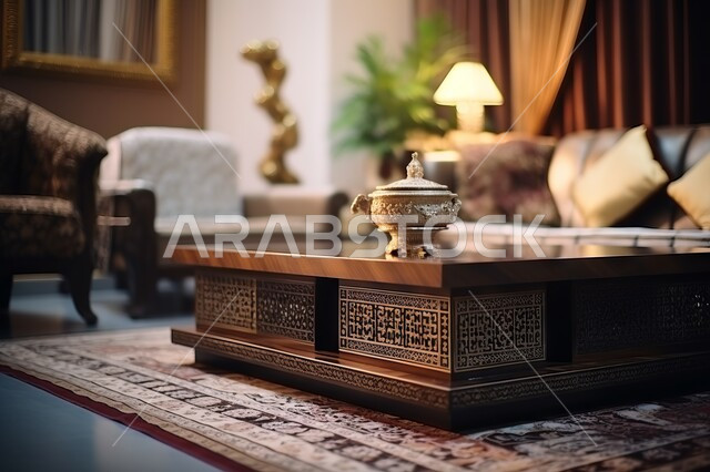 أثاث كلاسيكي فاخر، صورة مقربة لطاولة خشبية مزخرفة داخل غرفة المعيشة، ديكورات داخلية حديثة، تحف واكسسوارات عصرية