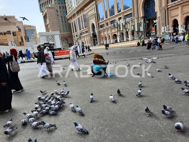 طيور الحمام تأكل الحبوب في الفناء الخارجي للحرم المكي في مكة المكرمه، الفنادق والأبراج الفاخرة المحيطة بالمسجد,  قدوم الحجاج والمعتمرين من كل انحاء العالم لأداء العبادات والتقرب الى الله, أماكن ومعالم دينية اسلامية مقدسة, السماء الزرقاء المليئة بالغيوم