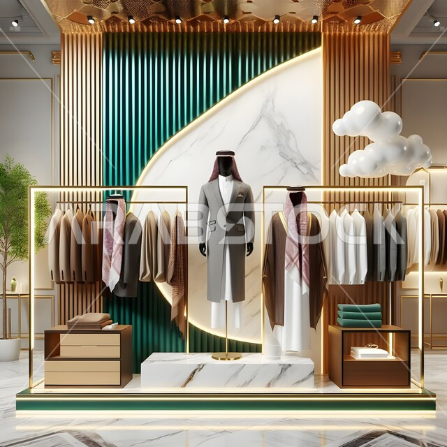 High-end markets for selling luxury fashion and traditional clothing, a close-up of Saudi Arabian men’s thobes in one of the shops in the Kingdom, selling youth supplies in modern malls, 3D design for modern decorations in stores