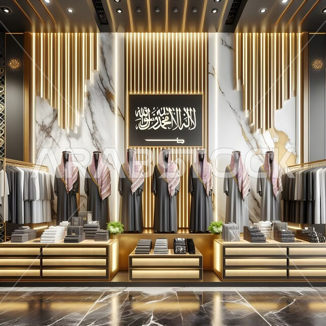 Selling youth supplies in modern malls, three-dimensional design of modern decorations in stores, high-end markets for selling luxury traditional fashions and clothing, a close-up of Saudi Arabian men’s thobes in one of the shops in the Kingdom.
