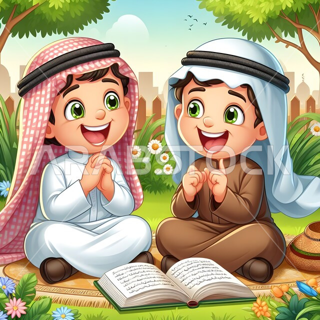 هواية المطالعة والاستطلاع،  رسم كرتوني ثلاثي الأبعاد لولدين عربيين خليجيين سعوديين يرتديان الزي التقليدي يجلسان في الحديقة بإيماءات السعادة والسرور، حب التعلم والثقافة والقراءة، انشطة تعليمية واثرائية، خلفية الطبيعة