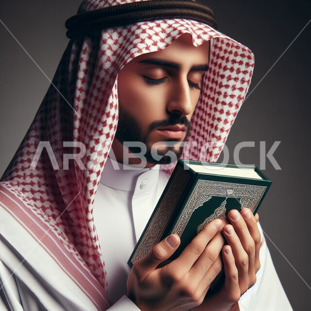 الدعاء وطلب المغفرة، بورتريه مقرب لشاب عربي سعودي خليجي يرتدي الشماغ والثوب التقليدي يحمل بيده المصحف الشريف, الشعور بالخشوع والطمأنينه, الإكثار من ذكر الله تعالى والإجتهاد في العباده, التقرب الى الله في شهر رمضان, خلفية سوداء