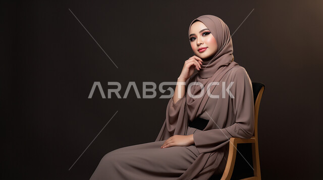 الأناقة والاهتمام بالمظهر الخارجي، أزياء محجبات عصرية راقية، بورتريه لشابة عربية خليجية سعودية محجبة ترتدي العباءة الحديثة وتنظر الى الكاميرا بإيماءات السرور والثقة بالنفس، خلفية سوداء