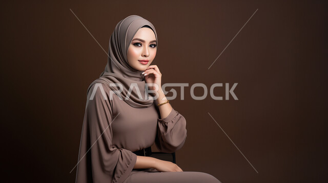 الأناقة والاهتمام بالمظهر الخارجي، أزياء محجبات عصرية راقية، بورتريه لشابة عربية خليجية سعودية محجبة ترتدي العباءة الحديثة وتنظر الى الكاميرا بإيماءات السرور والثقة بالنفس، خلفية سوداء