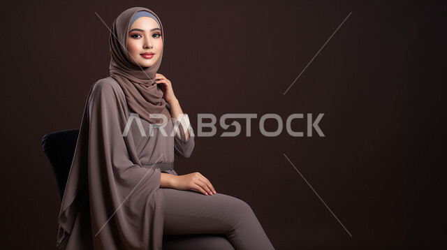 الأناقة والاهتمام بالمظهر الخارجي، أزياء محجبات عصرية راقية، بورتريه لشابة عربية خليجية سعودية محجبة ترتدي العباءة الحديثة وتنظر الى الكاميرا بإيماءات السرور والثقة بالنفس، خلفية سوداء