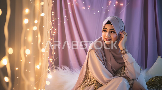 النظر إلى شيء ما بإيماءات التفكير والتأمل، أزياء محجبات عصرية راقية، الأناقة والاهتمام بالمظهر الخارجي، شابة عربية خليجية سعودية محجبة ترتدي العباءة الحديثة تجلس في غرفة النوم