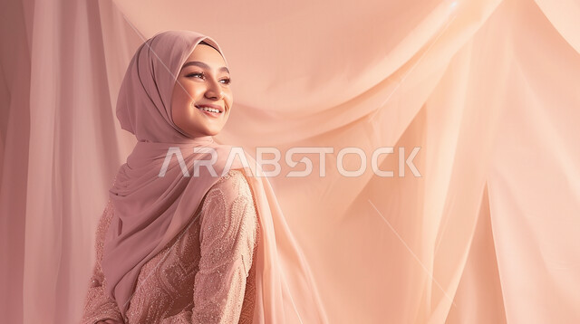 النظر إلى شيء ما بإيماءات السرور والسعادة، أزياء محجبات عصرية راقية، الأناقة والاهتمام بالمظهر الخارجي، شابة عربية خليجية سعودية محجبة ترتدي العباءة الحديثة، تعابير الأنوثة والنعومة