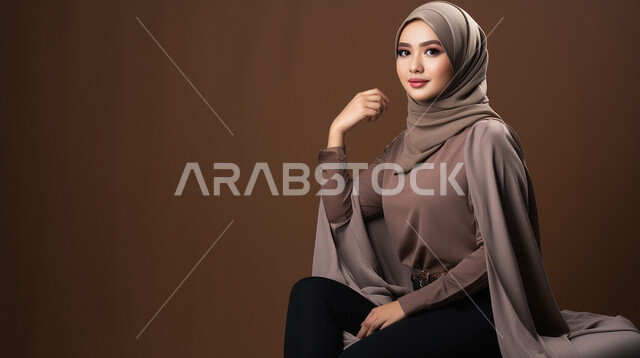 Modern, sophisticated veiled fashion, elegance and attention to external appearance, portrait of a veiled Saudi Gulf Arab young woman wearing a modern abaya and looking at the camera with gestures of pleasure and self-confidence, brown background.
