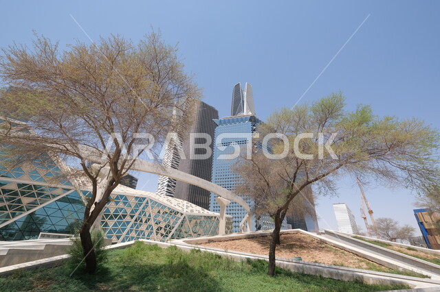 Paying attention to landscaping in cities, King Abdullah Financial Center (KAFD) by day, urban growth and development in Saudi Arabia, financial facilities and towers in the city of Riyadh, architectural engineering art for the famous buildings and skyscrapers in the Kingdom, achieving economic and commercial renaissance.