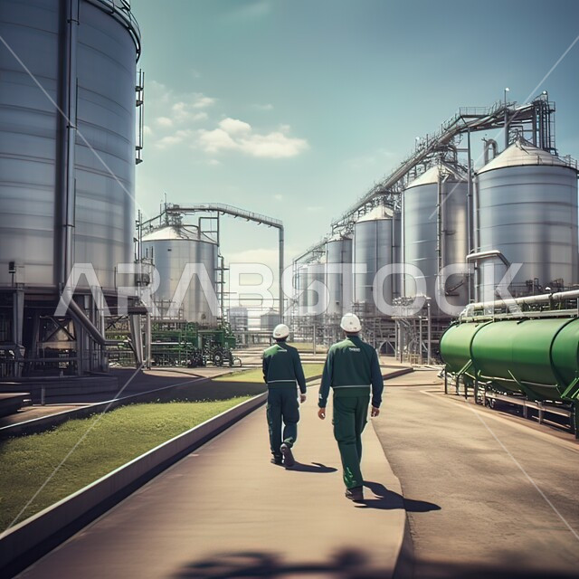 متابعة سير الاعمال في المصانع ،مهن ووظائف سعودية، صورة من الخلف لمهندسان عربيان خليجيان سعوديان يرتديان الزي الخاص بالعمل  يسيران في مصنع تكرير النفط ،مفهوم إنتاجية الغاز في المملكة العربية السعودية, خلفية السماء الزرقاء