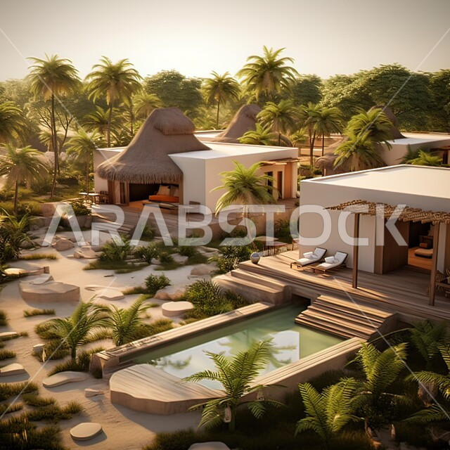 الاهتمام في زراعه النباتات و أشجار النخيل الخضراء في حديقة مجمع سكني فاخر، تصاميم عصرية مميزة لحوض السباحة ،الفنون الهندسية المعمارية للشقق و الفلل السكنية ،خلفية الطبيعه