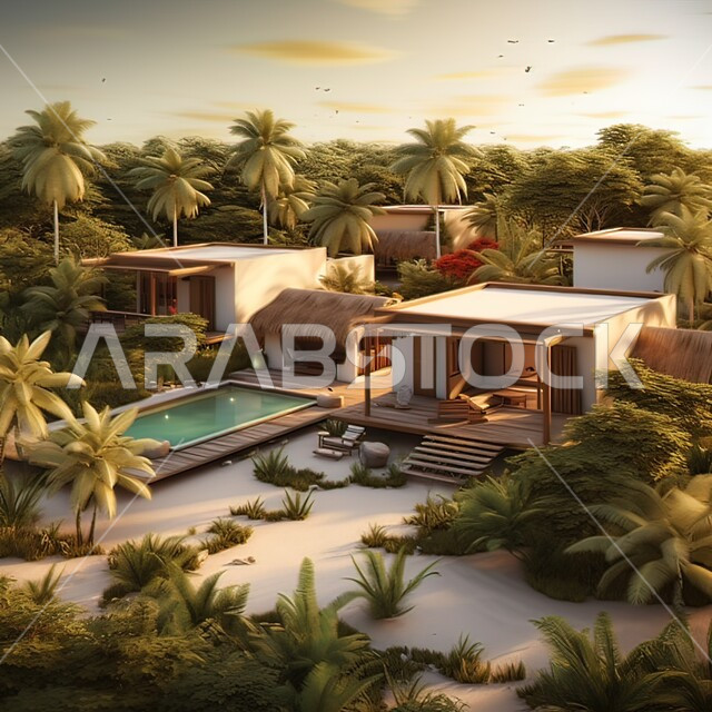 الاهتمام في زراعه اشجار النخيل والنباتات الخضراء في حديقة مجمع سكني فاخر، تصاميم عصرية مميزة لحوض السباحة ،الفنون الهندسية المعمارية للشقق و الفلل السكنية ،خلفية الطبيعه