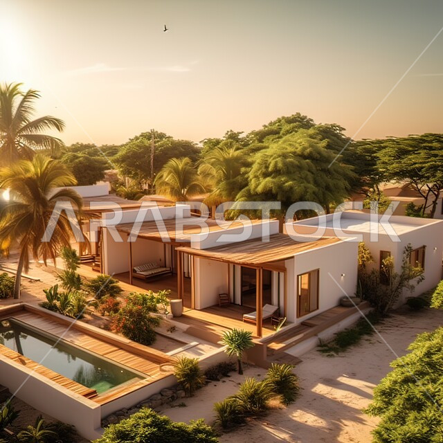 تصاميم عصرية مميزة لحوض السباحة ،الفنون الهندسية المعمارية للشقق و الفلل السكنية ،الاهتمام في زراعه اشجار النخيل والنباتات الخضراء في حديقة مجمع سكني فاخر، خلفية الطبيعه