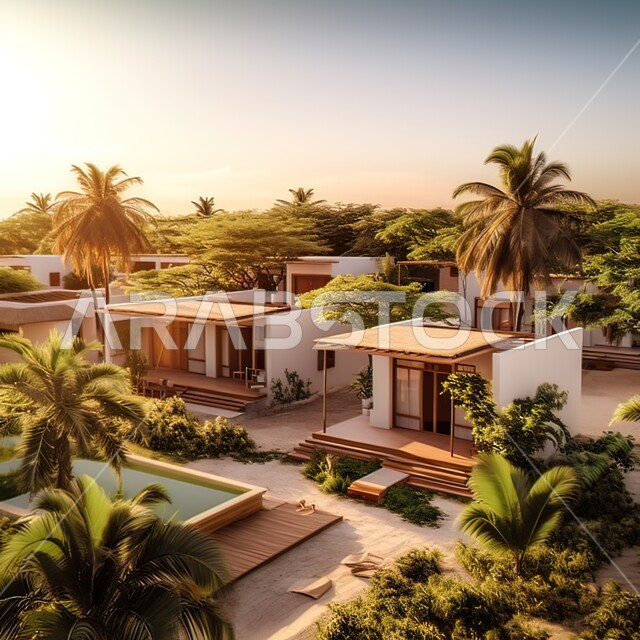 Architectural engineering arts for residential apartments and villas, distinctive modern designs, interest in planting palm trees and green plants in the garden of a luxury residential complex, natural background