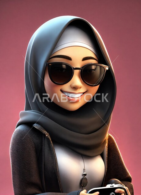 The concept of caring about external appearance, a close-up image of a cartoon character of a veiled Saudi Arabian Gulf girl, smiling, wearing sunglasses, looking at the camera with happy gestures, gray background