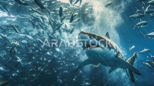 Marine reserves in the middle of the Red Sea, a shark among a group of deep-sea fish, an aquarium, marine nature background.